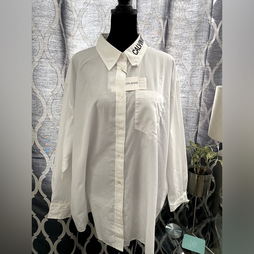 Calvin Klein, women shirt long sleeve, bright white, CALVI KLEIN embroided.